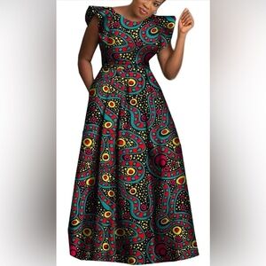 Flutter-Sleeve Maxi Dress in Teal, Red & Yellow African Print